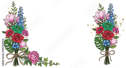 Elegant floral bouquet arrangements with copy space on white background