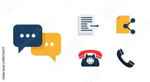 Communication Icons: Chat, Document, Share, Phone, Call - Vector Graphics