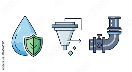 Water Filtration System Icon: Drop, Shield, Filter, Pipe & Valve - Clean Water Supply