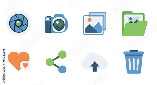 Photography Icons Set: Camera, Aperture, Photos, Folder, Like, Share, Upload, Trash