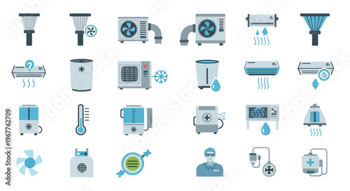 Air Conditioning and Climate Control Icons: Cooling, Heating, Humidifier, Thermometer