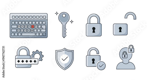 Digital Security Icons: Lock, Key, Shield, Password, Calendar, Unlock, User ID