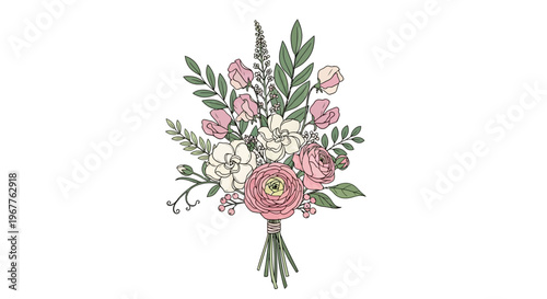 Elegant floral bouquet illustration with pink and white flowers on white background