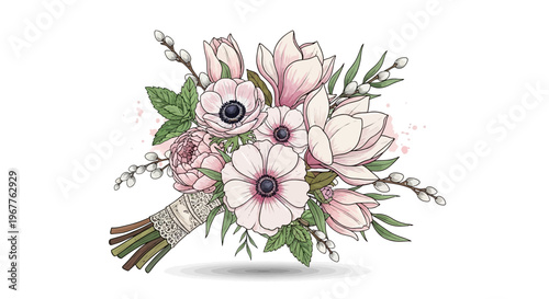Elegant floral bouquet illustration with pink anemones and magnolia on white background