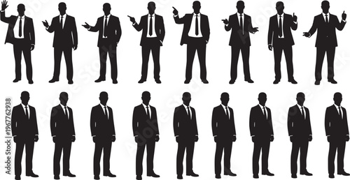 Businessman silhouettes set in various standing and pointing poses wearing suits and ties isolated on white background for corporate office professional presentation design.