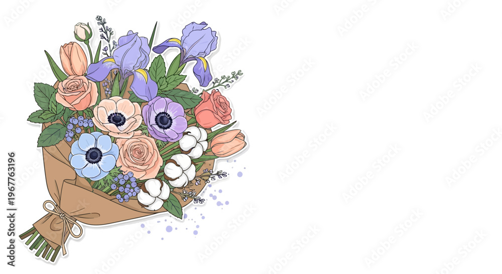 Naklejka premium Elegant floral bouquet illustration with various colorful flowers and copy space