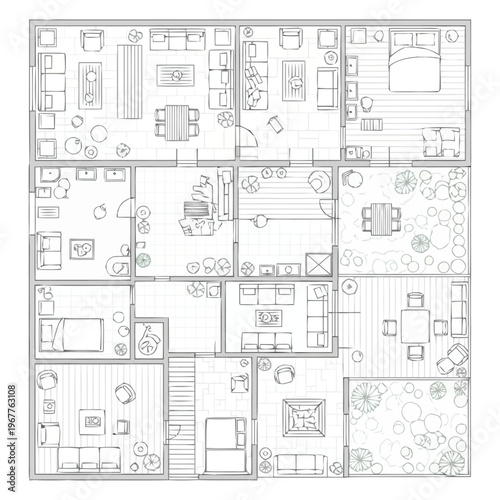 Detailed Architectural Floor Plan Layout of a Modern Multi Room Residential Home Design With Furniture Arrangements And Outdoor Space furniture icons