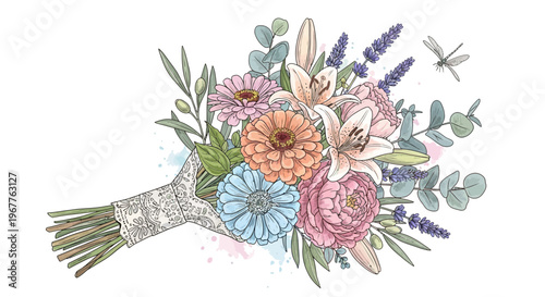Elegant floral bouquet illustration with various colorful flower arrangements