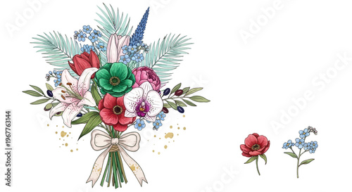 Elegant floral bouquet illustration with various colorful flower arrangements