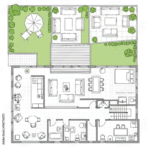 Architectural Floor Plan Rendering And Outdoor Garden Landscape Design For Residential Property With Furniture Layout And Greenery Elements furniture