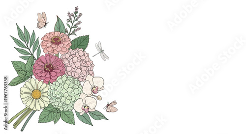 Elegant floral bouquet illustration with various flowers and butterflies on white
