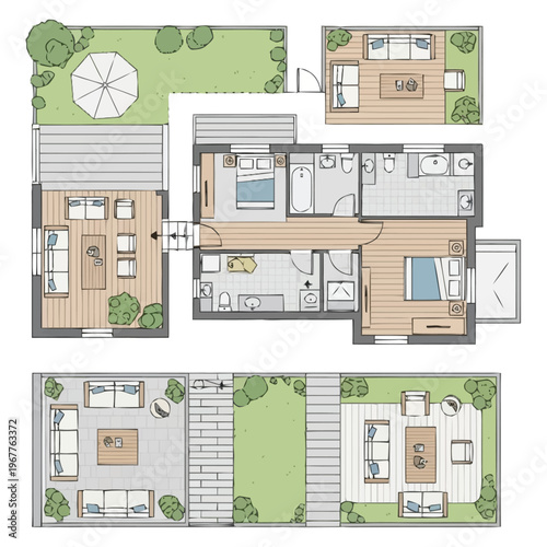 Detailed floor plan illustration of a modern multi story home layout with interior details and outdoor living spaces and garden area furniture icons