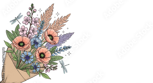 Elegant floral bouquet illustration with various flowers and copy space