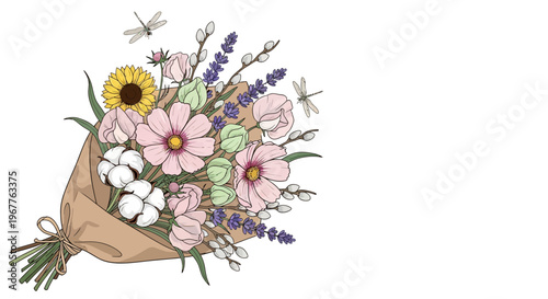 Elegant floral bouquet illustration with various flowers and dragonfly accents
