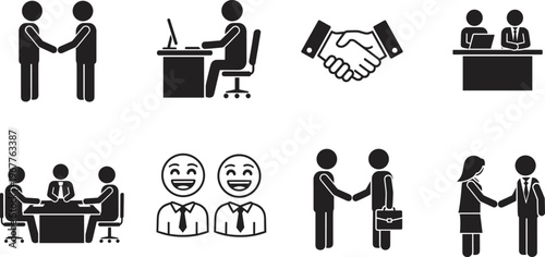 Professional Business and Partnership Icon Set Featuring Handshakes, Office Work, Team Collaboration, Corporate Interviews, Successful Agreements, and CAD Drawing Flat Vector Illustration Graphic.