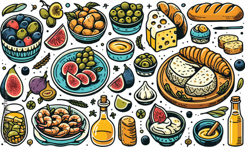 Mediterranean Tapas Small Plates Food Dining, Illustration Doodle Cartoon Collection