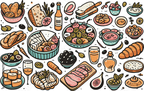 Mediterranean Tapas Small Plates Food Dining, Illustration Doodle Cartoon Collection
