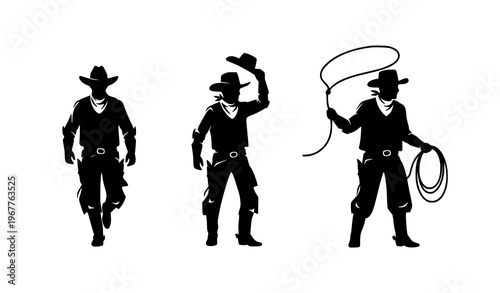 Cowboy silhouettes set with western action poses including lasso and hat tipping isolated on white
