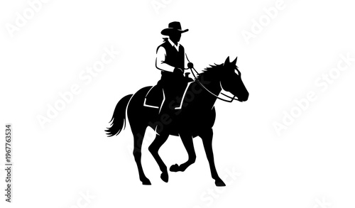 Cowboy riding horse silhouette vector with western rider in minimal style isolated on white background