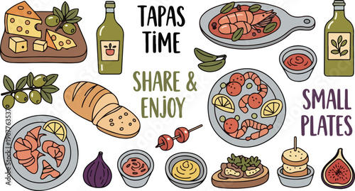 Mediterranean Tapas Small Plates Food Dining, Illustration Doodle Cartoon Collection