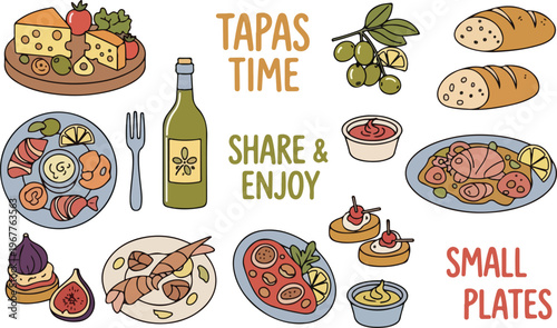 Mediterranean Tapas Small Plates Food Dining, Illustration Doodle Cartoon Collection