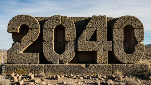 A large, weathered stone monument displaying the year 2040 in a desert landscape