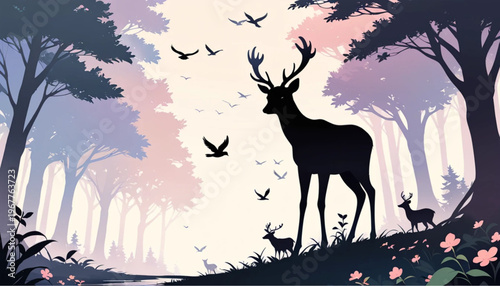 Deer, forest animals, wildlife scene, nature landscape, silhouette vector