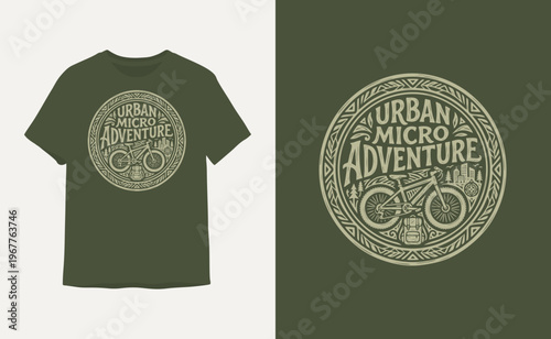 Urban Micro Adventure T-Shirt Design with Bicycle and Cityscape Illustration