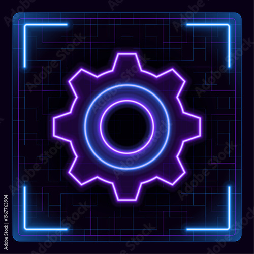Gear settings icon set, cog wheel icon.Cyber neon futuristic icon.