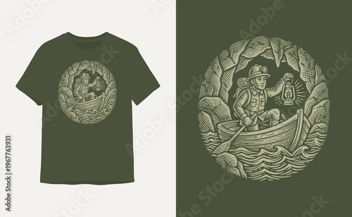 Explorer in Boat Navigating Cave with Lantern Vintage Illustration