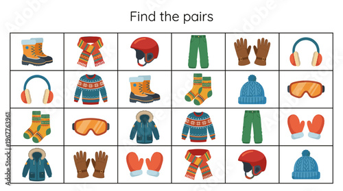 Winter clothing items for kids arranged in a matching game format  