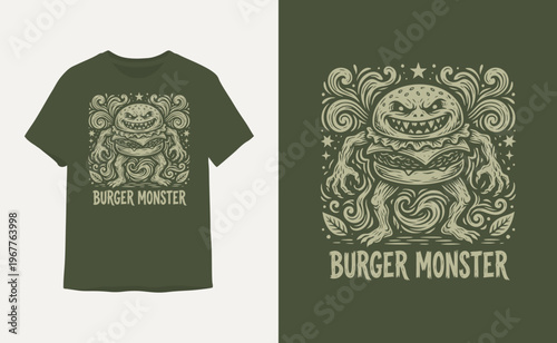 Burger Monster Vintage Illustration for T-Shirt Print Design