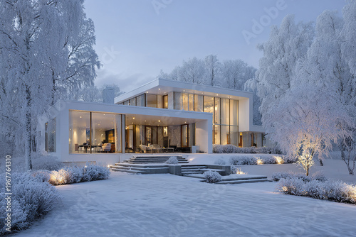 Modern white house with large glass windows surrounded by snow covered trees and bushes, warmly lit interior creating cozy winter atmosphere in serene frozen landscape