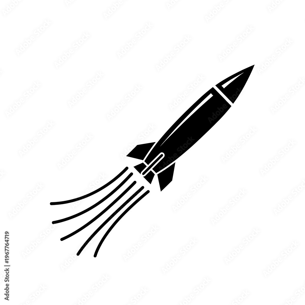 Obraz premium A sleek black silhouette icon of a rocket launching with an exhaust trail, symbolizing space travel, innovation, progress, speed, and ambition.