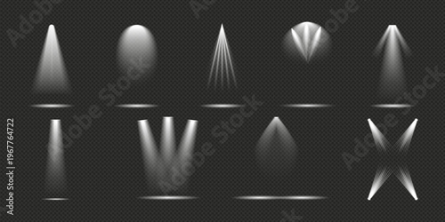 Bright lighting spotlights set realistic light sources isolated on transparent background for stage illumination studio lighting effects collection and professional design elements