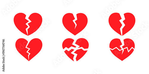 Broken heart icons set cracked heart flat symbols representing divorce heartbreak emotional pain relationship separation love failure and sadness modern minimal icon design