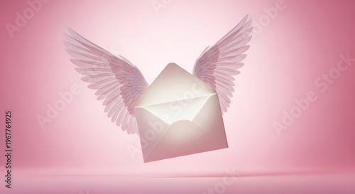 Flying white envelope with pink wings on soft pink background symbolizing freedom and communication