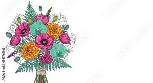 Vibrant bouquet of various flowers with additional elements on white background