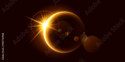 Bright solar eclipse with golden light flare effect realistic illustration dramatic space scene with glowing corona celestial event cosmic background and astronomy concept