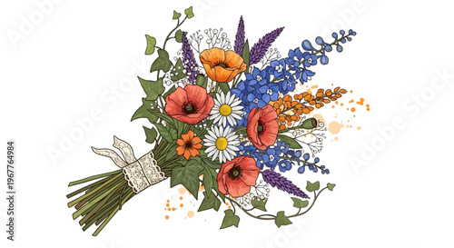 Vibrant bouquet of wildflowers on white background decorative illustration