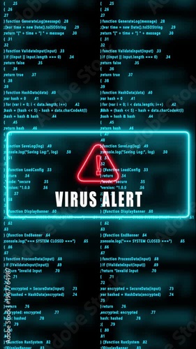 virus alert warning hacked mobile phone screen. Error signal loop. Virus code and software hack concept. Cyber security. Vertical video footage