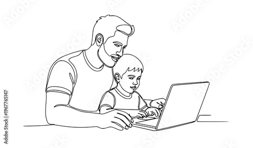 Continuous line father and son laptop homeschooling education vector illustration isolated on white background