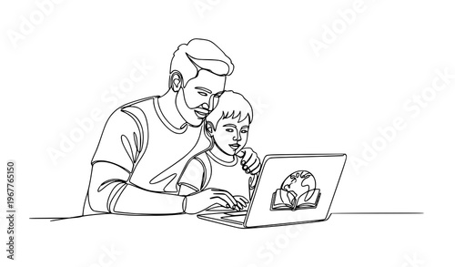 Continuous one line father and son using laptop homeschooling education vector illustration isolated on white background