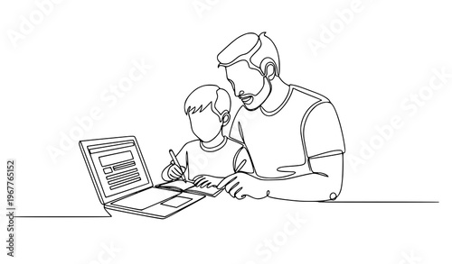 Minimal one line father helping son study laptop homeschooling concept vector illustration isolated on white background