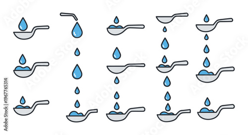 Dropping Liquid into Spoon: Water Drops Falling, Measuring Fluid, Dosing, Science, Healthcare Icons