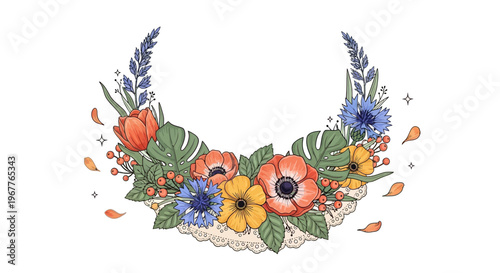 Floral crescent arrangement with diverse blooms and foliage on white backdrop