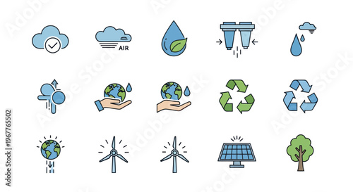 Eco-friendly Icons: Green Energy, Water, Air, Recycling, Earth Care