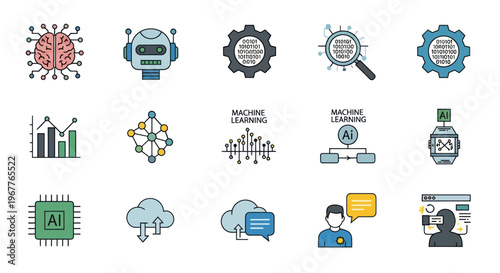 Artificial Intelligence Icons Set - Machine Learning, Robotics, Data, Network, Cloud Computing