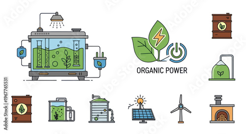 Renewable Energy Icons: Biogas, Solar, Wind, Biomass, Biofuel, Organic Power