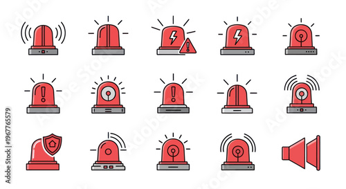 Red Warning Lights Icons Set: Alert, Alarm, Siren, Emergency, Danger, Security Symbols